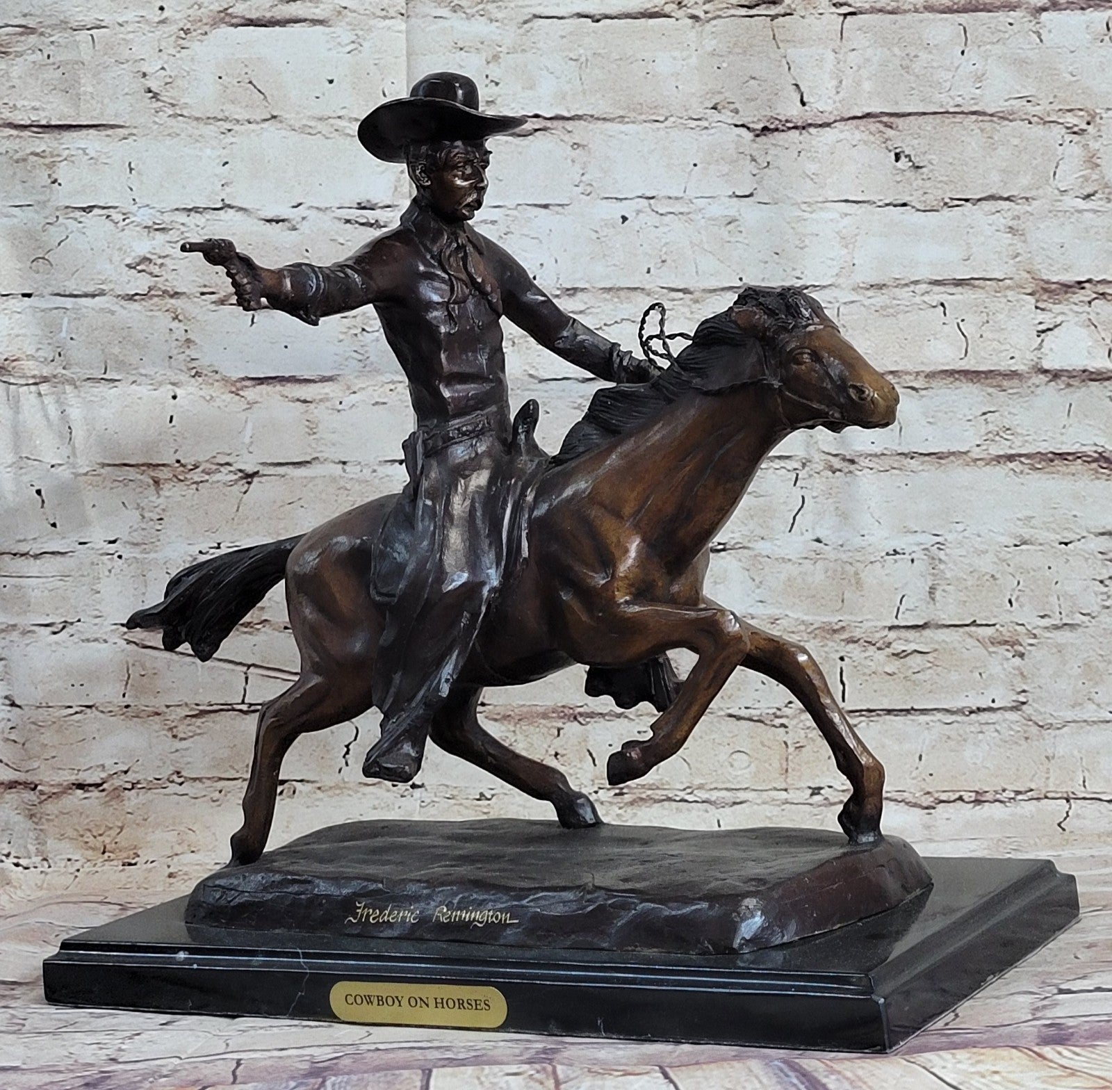 WESTERN COWBOY ON HORSE Handcrafted Decor Art Bronze Sculpture Statue Figurine T