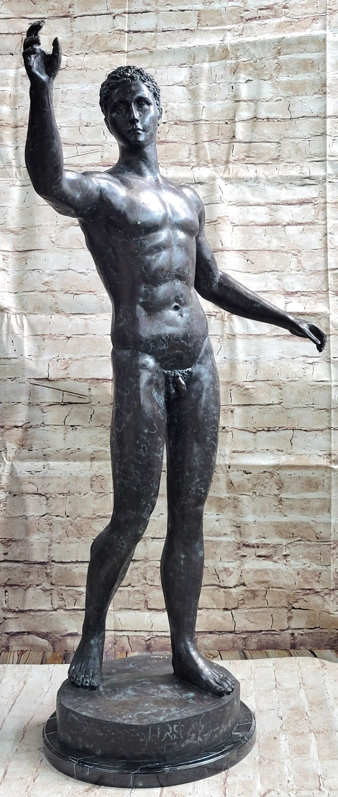 Classic Rodin Age of Bronze Elegant Male Nude Figure Marble Statue Sculpture