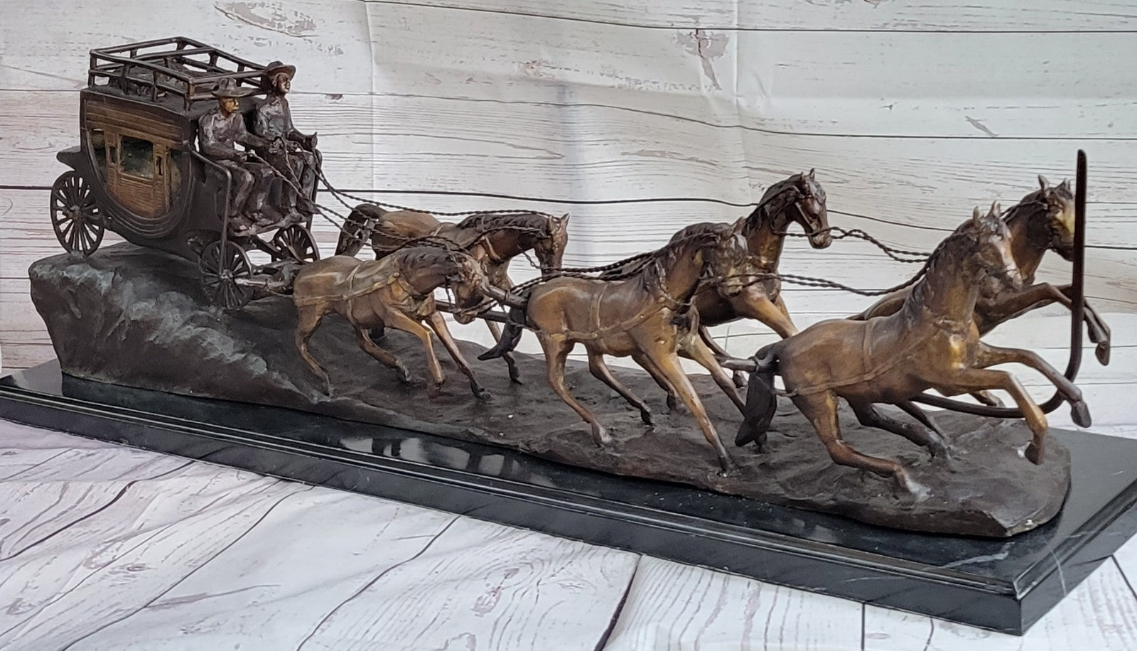 80 LBS Hot Cast Adventure Action Horses Bronze Statue – Old West Stagecoach Sculpture on Sale