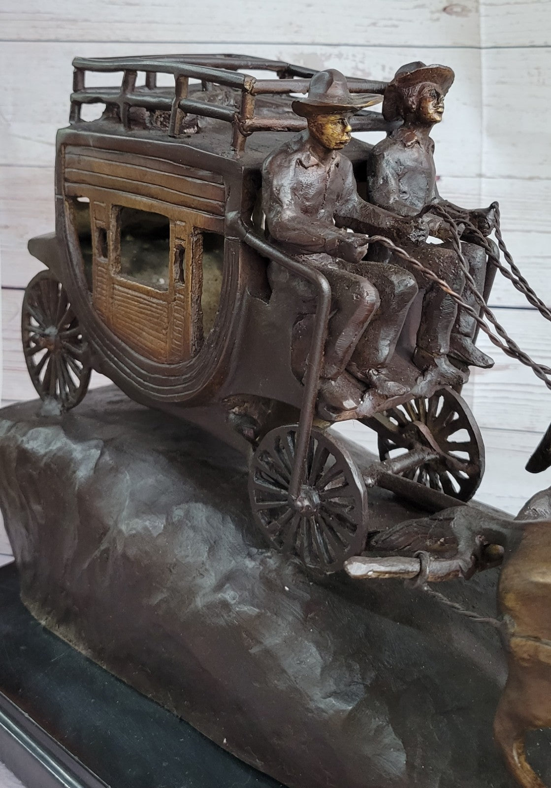 80 LBS Hot Cast Adventure Action Horses Bronze Statue – Old West Stagecoach Sculpture on Sale