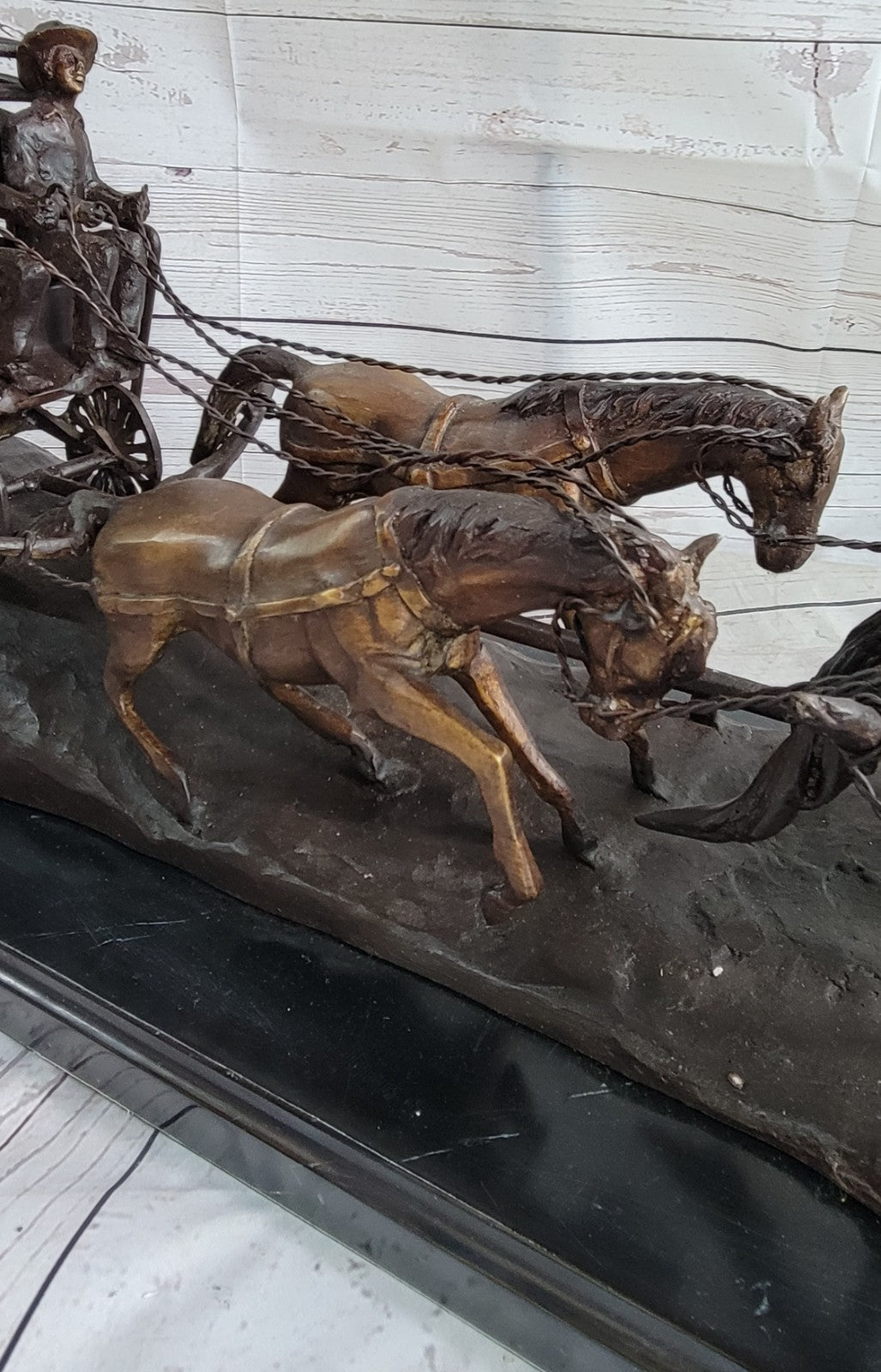 80 LBS Hot Cast Adventure Action Horses Bronze Statue – Old West Stagecoach Sculpture on Sale