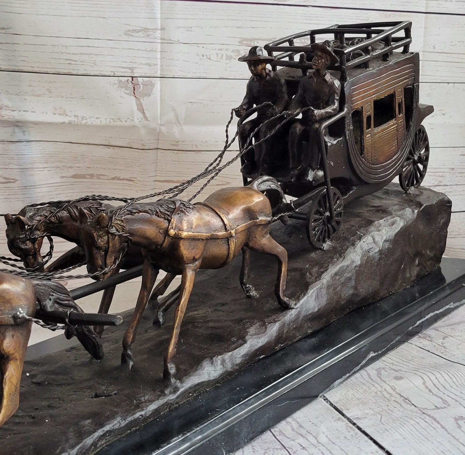 80 LBS Hot Cast Adventure Action Horses Bronze Statue – Old West Stagecoach Sculpture on Sale