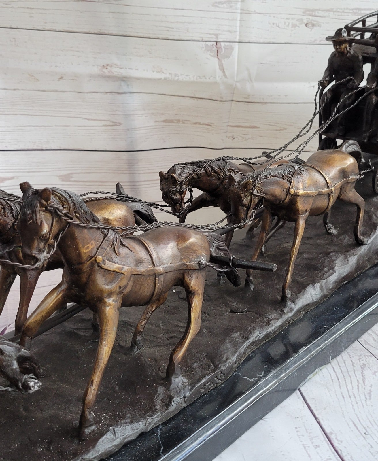 80 LBS Hot Cast Adventure Action Horses Bronze Statue – Old West Stagecoach Sculpture on Sale