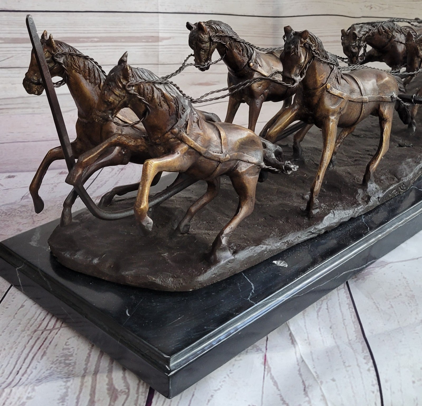 80 LBS Hot Cast Adventure Action Horses Bronze Statue – Old West Stagecoach Sculpture on Sale
