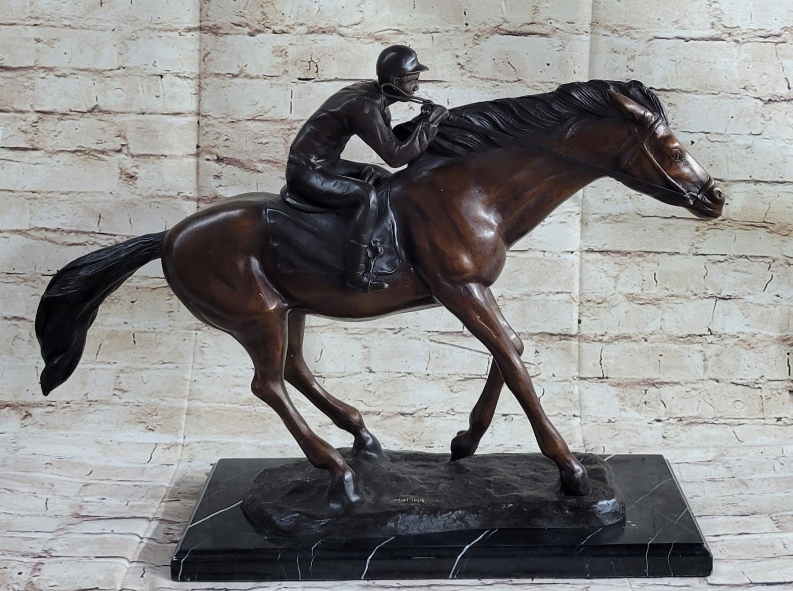 Bronze Sculpture Original  Signed Statue Of Jockey& Race Horse Office Trophy
