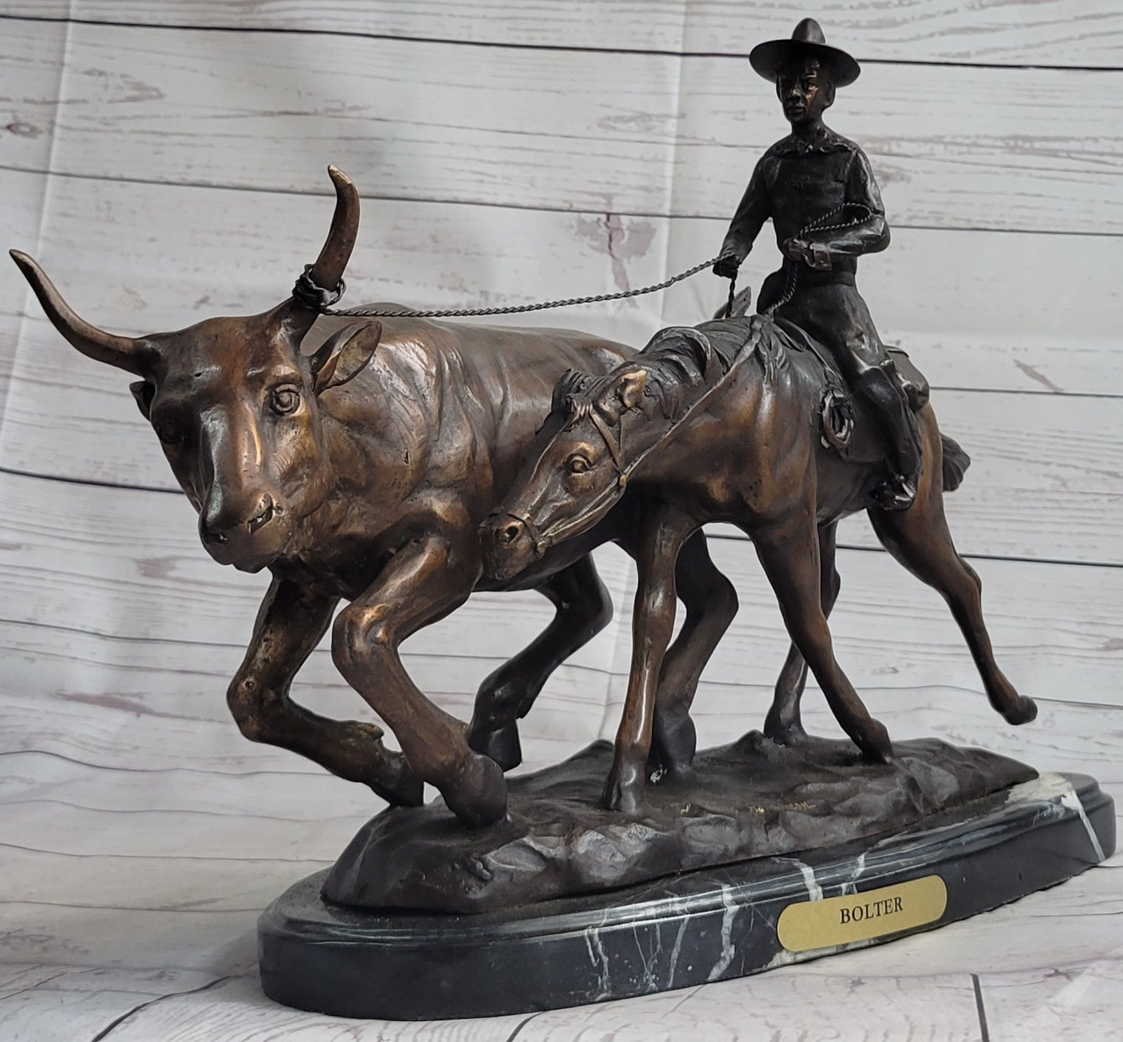 Art Deco Western Old West Cowboy on Horse with Cattle Handcrafted Figure Figurine
