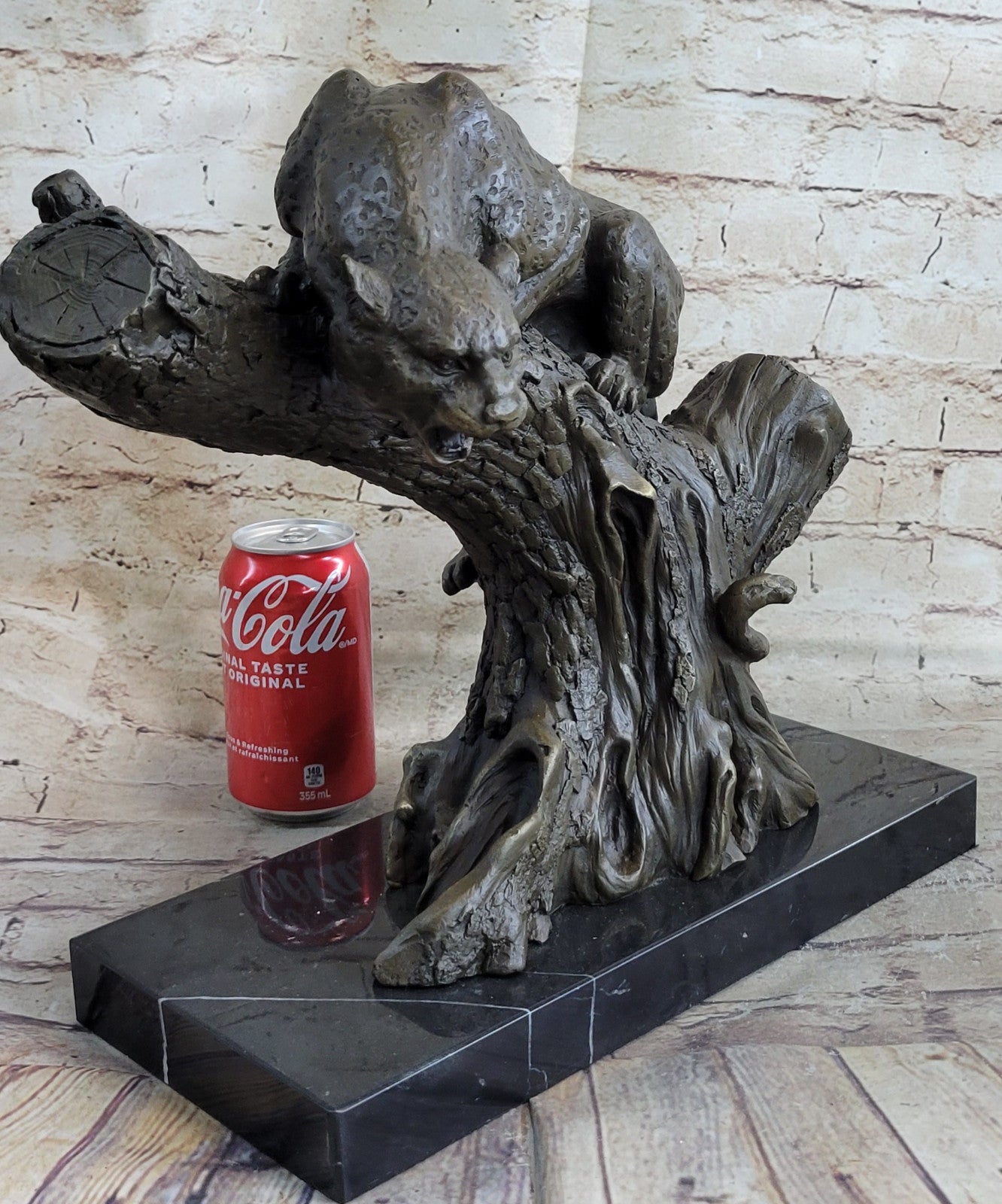 Handcrafted Massive Cougar on a tree Stump Bronze Sculpture Home Cabin Decor