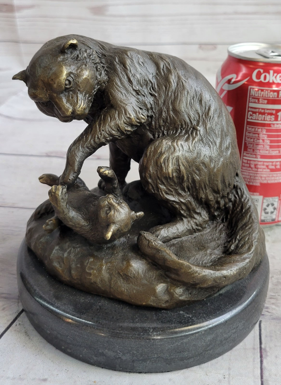 VINTAGE CAT AND BABY BRONZE STATUE HOT CAST MARBLE BASE FIGURINE FIGURE STATUE