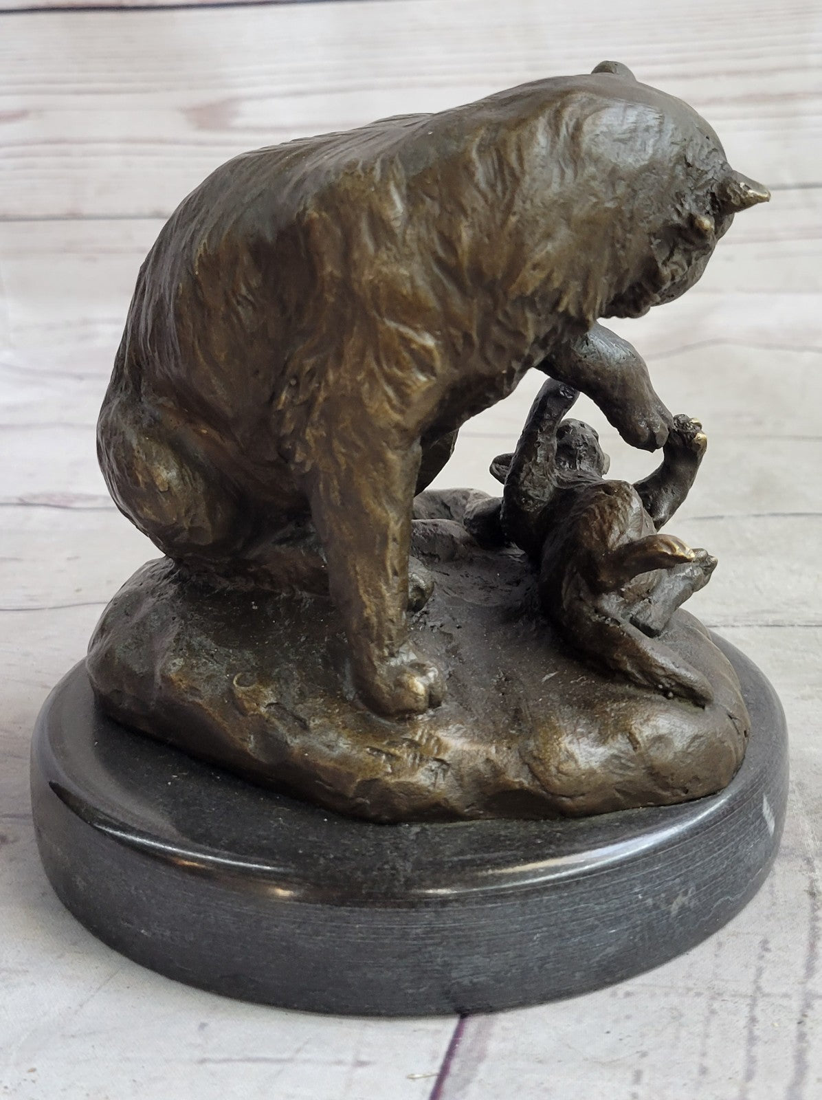 VINTAGE CAT AND BABY BRONZE STATUE HOT CAST MARBLE BASE FIGURINE FIGURE STATUE