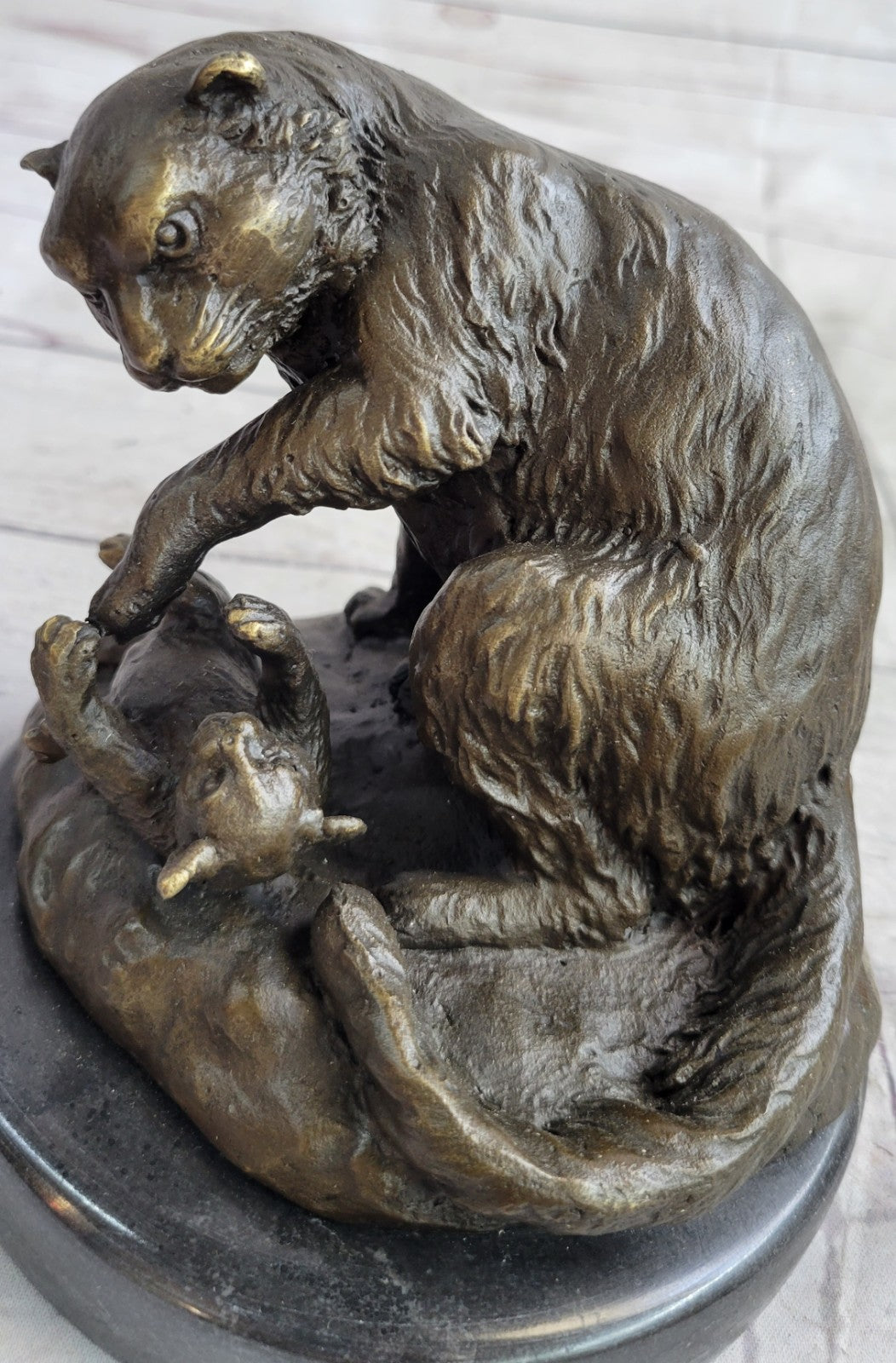 VINTAGE CAT AND BABY BRONZE STATUE HOT CAST MARBLE BASE FIGURINE FIGURE STATUE