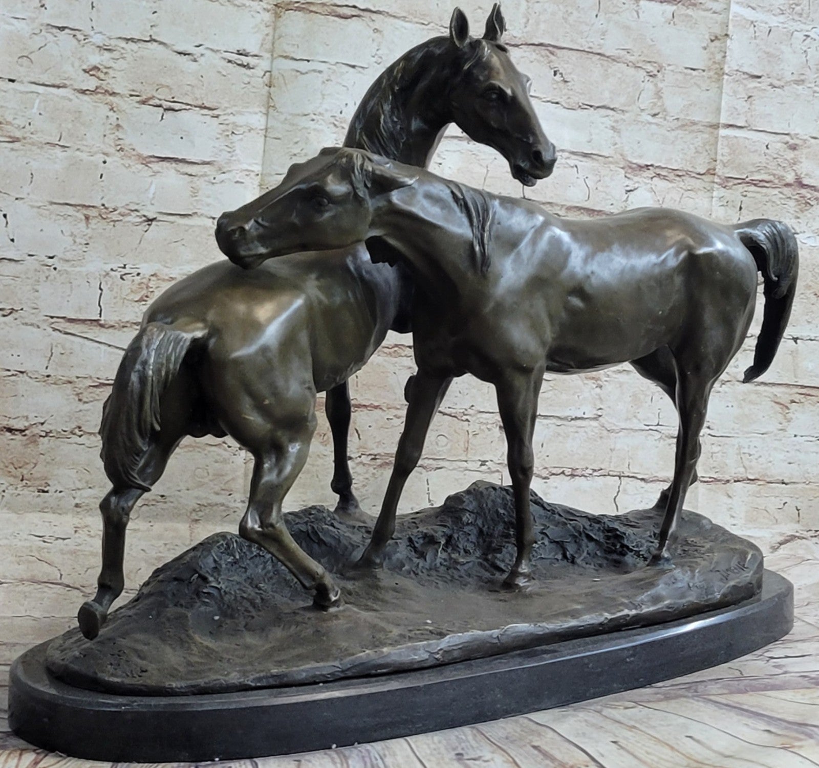 Fine Art Bronze Sculpture: Two Loving Horses by French Artist Lost Wax Method