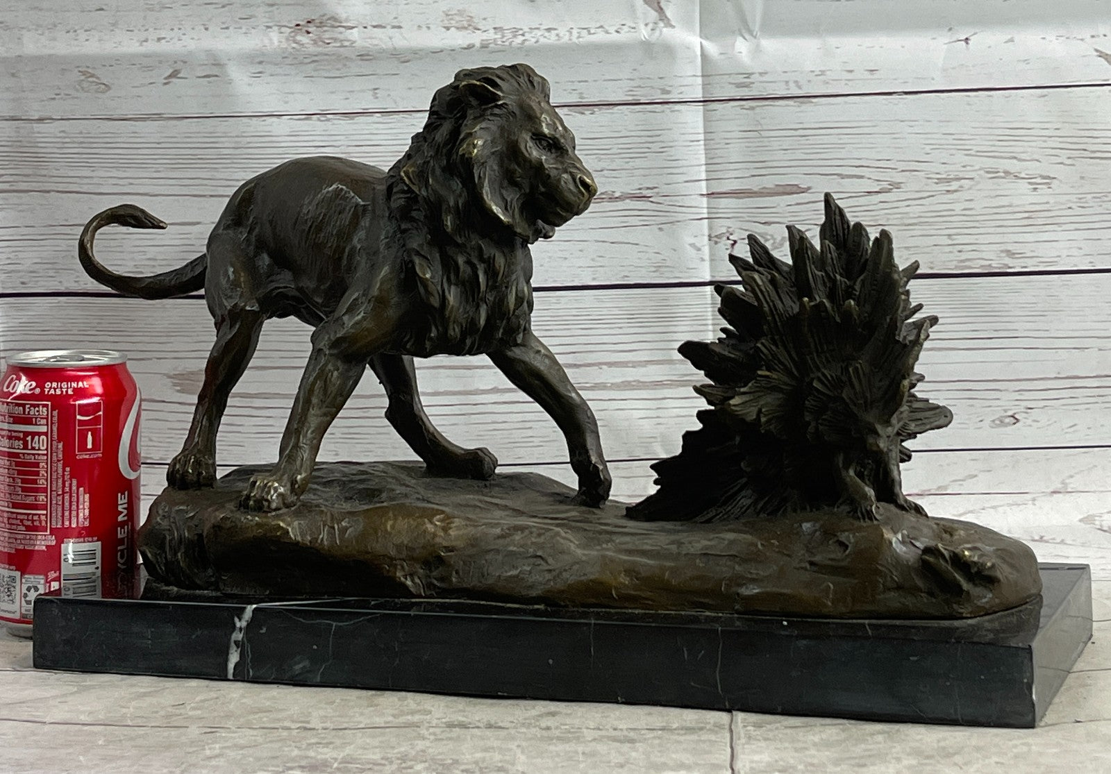 Hot Cast Bronze: Lion Attacking Porcupine Statue by Milo, Fine Art Sculpture Gift