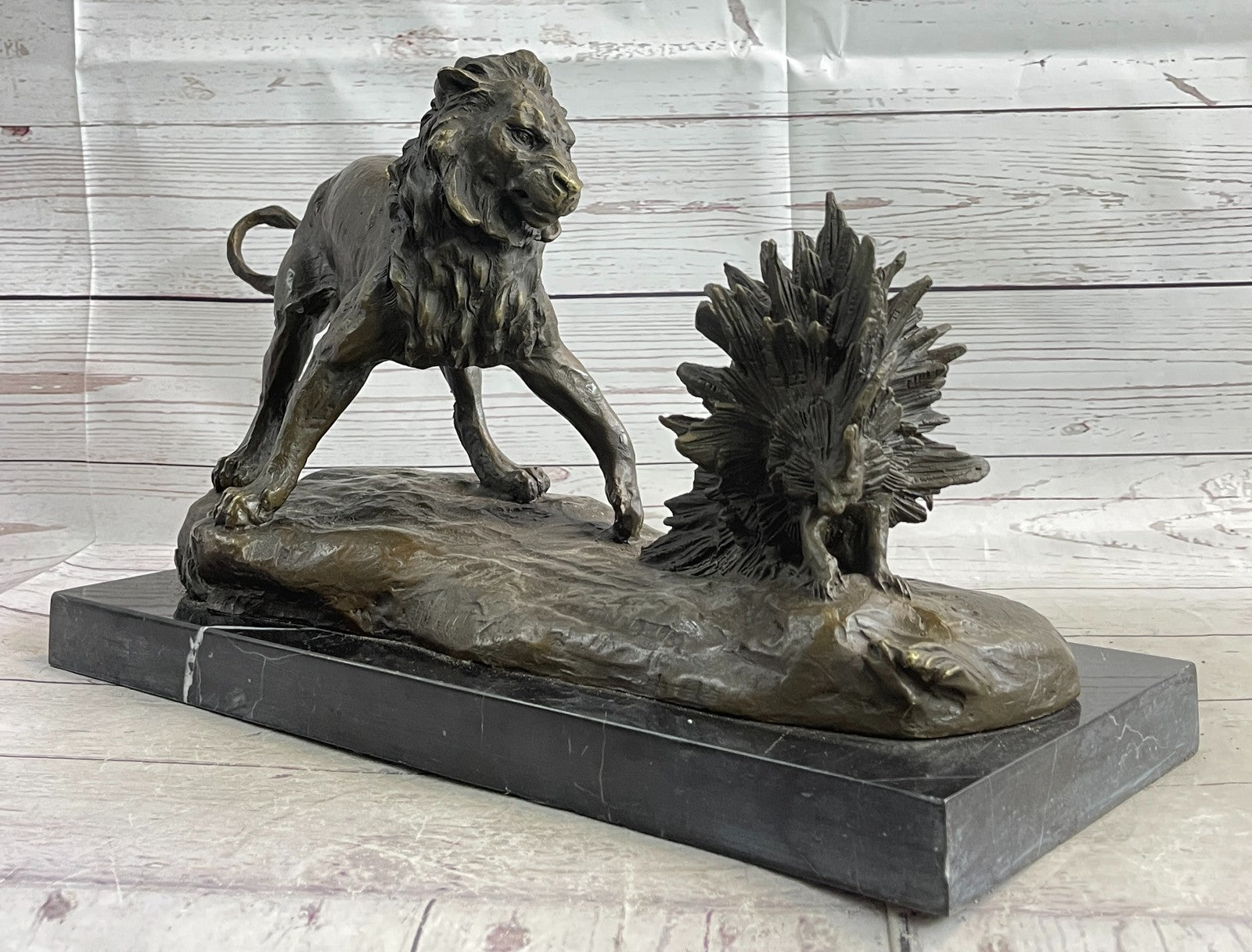 Hot Cast Bronze: Lion Attacking Porcupine Statue by Milo, Fine Art Sculpture Gift