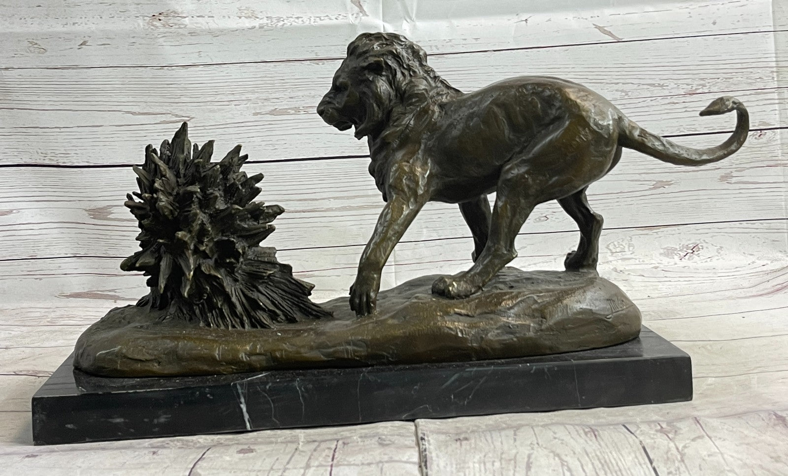 Hot Cast Bronze: Lion Attacking Porcupine Statue by Milo, Fine Art Sculpture Gift