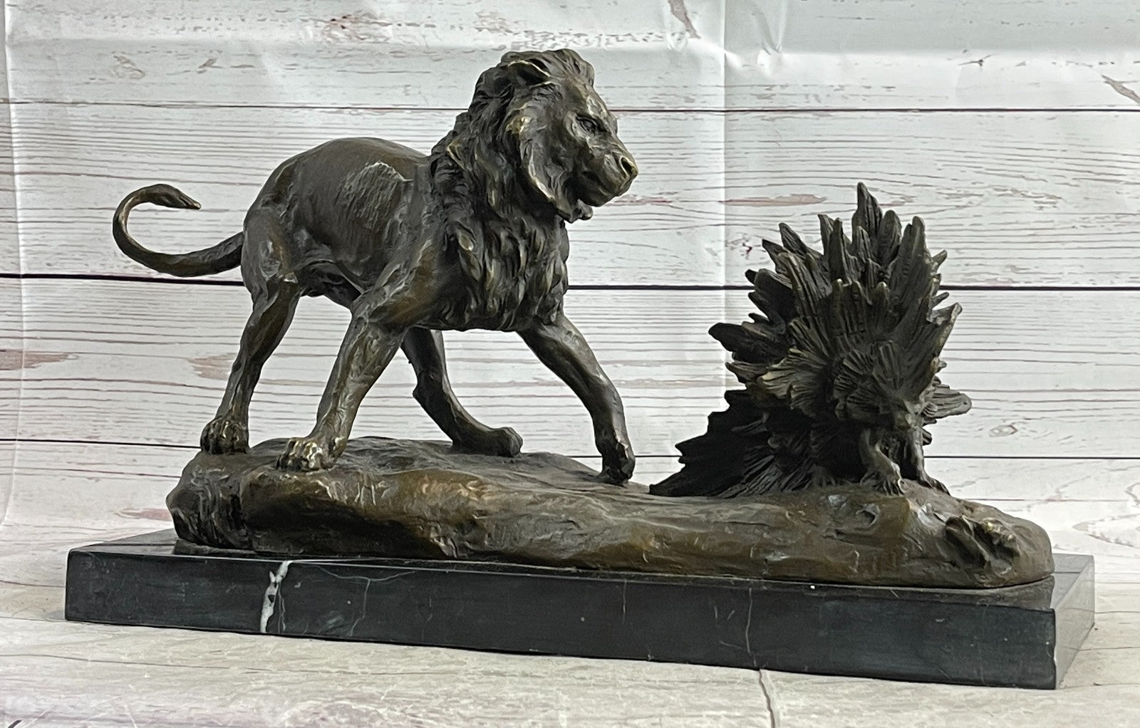 Hot Cast Bronze: Lion Attacking Porcupine Statue by Milo, Fine Art Sculpture Gift