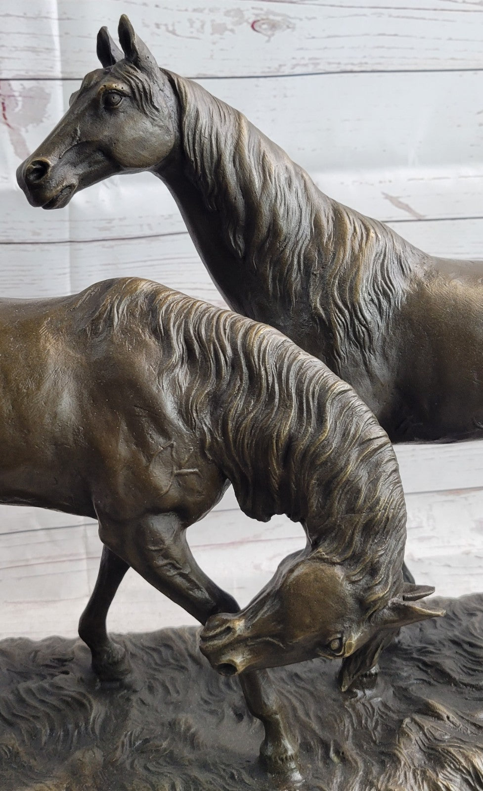 Bronze Sculpture Two Gorgeous Mare Horses Racing Statue Marble Base Figure