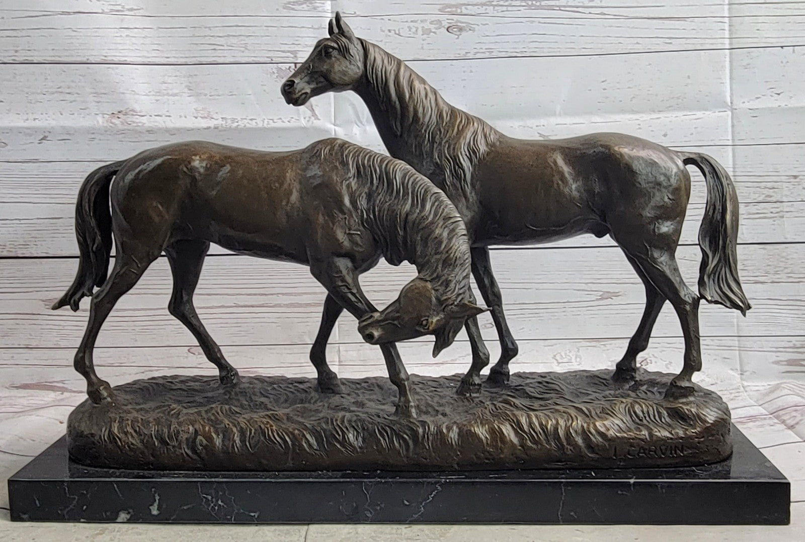 Bronze Sculpture Two Gorgeous Mare Horses Racing Statue Marble Base Figure