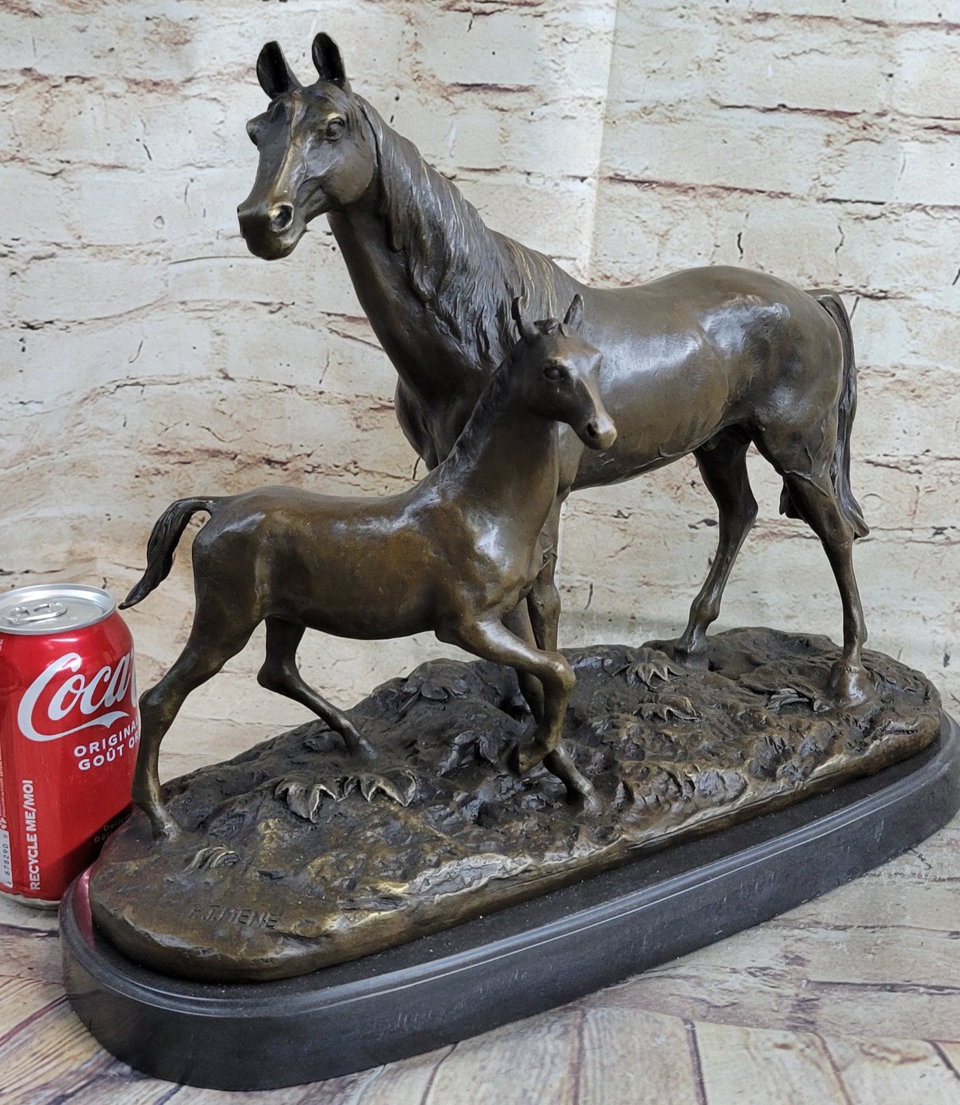 BRONZE CLASSIC TWO HORSES MARE & FOAL, SIGNED: MENE LOST WAX METHOD STATUE