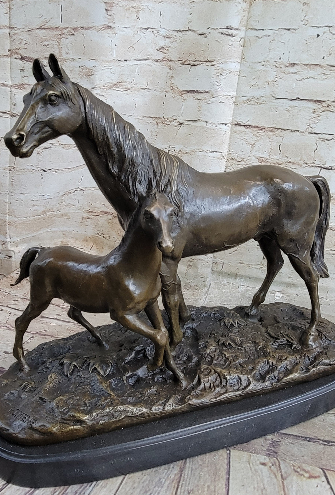 BRONZE CLASSIC TWO HORSES MARE & FOAL, SIGNED: MENE LOST WAX METHOD STATUE