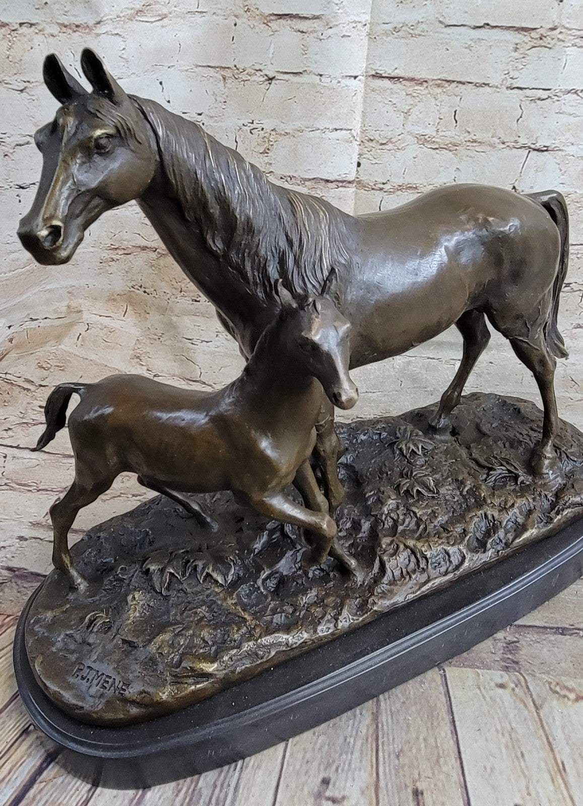 BRONZE CLASSIC TWO HORSES MARE & FOAL, SIGNED: MENE LOST WAX METHOD STATUE