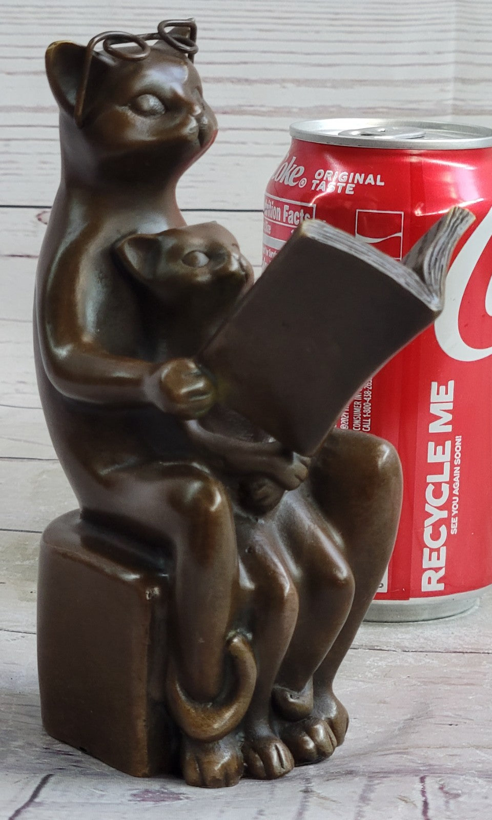 Hot Cast Signed Original Nick Cat with Eye Glasses and Baby Bronze Sculpture