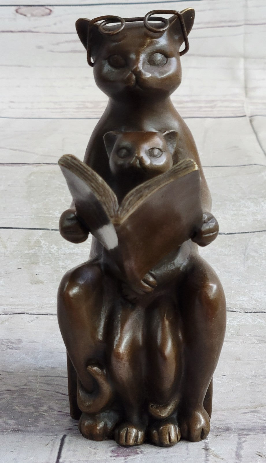 Hot Cast Signed Original Nick Cat with Eye Glasses and Baby Bronze Sculpture