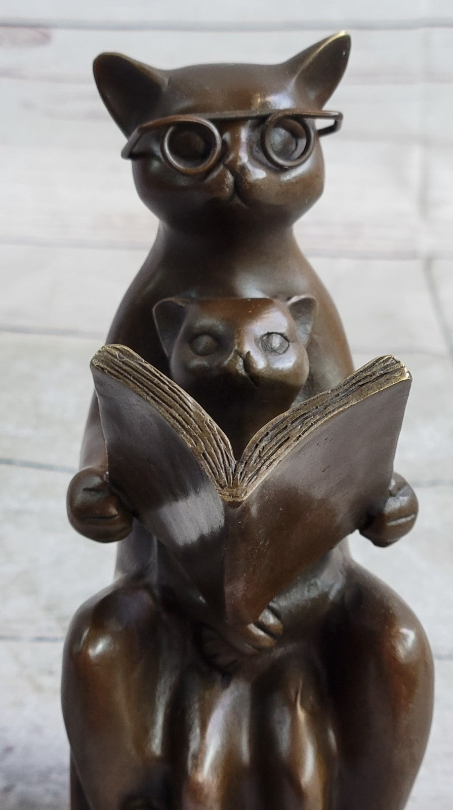 Hot Cast Signed Original Nick Cat with Eye Glasses and Baby Bronze Sculpture