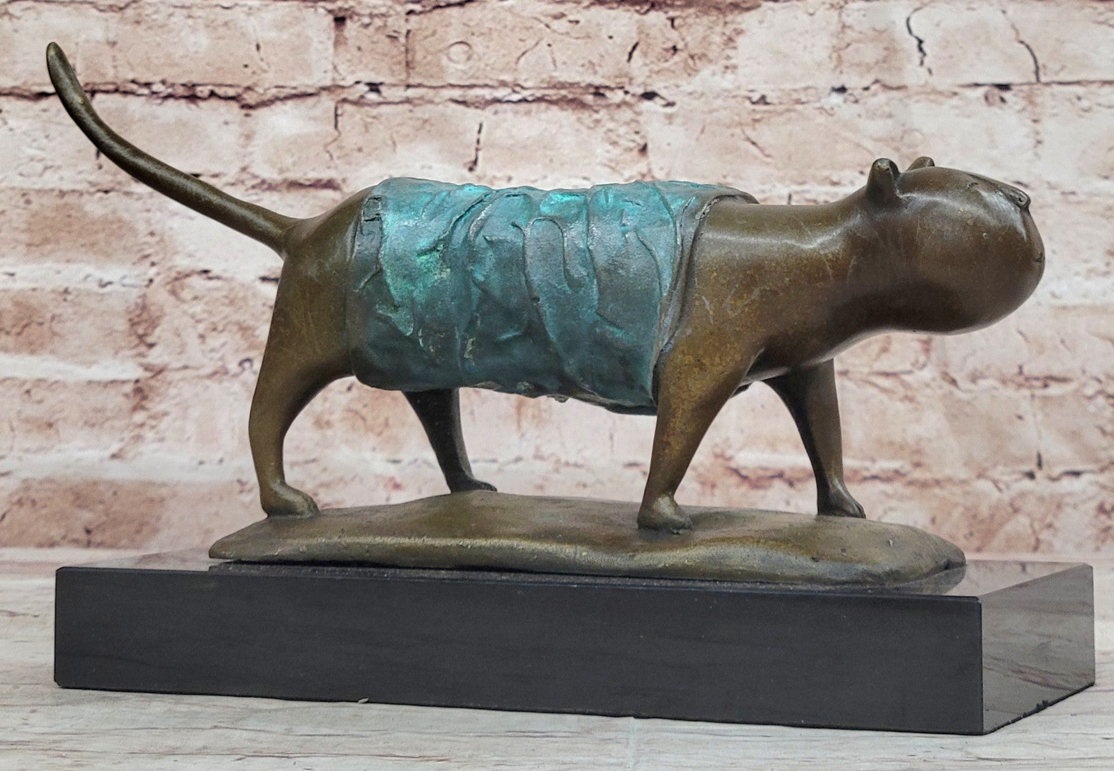 Botero Inspired Bronze Cat Sculpture with Exclusive Patina Finish Art