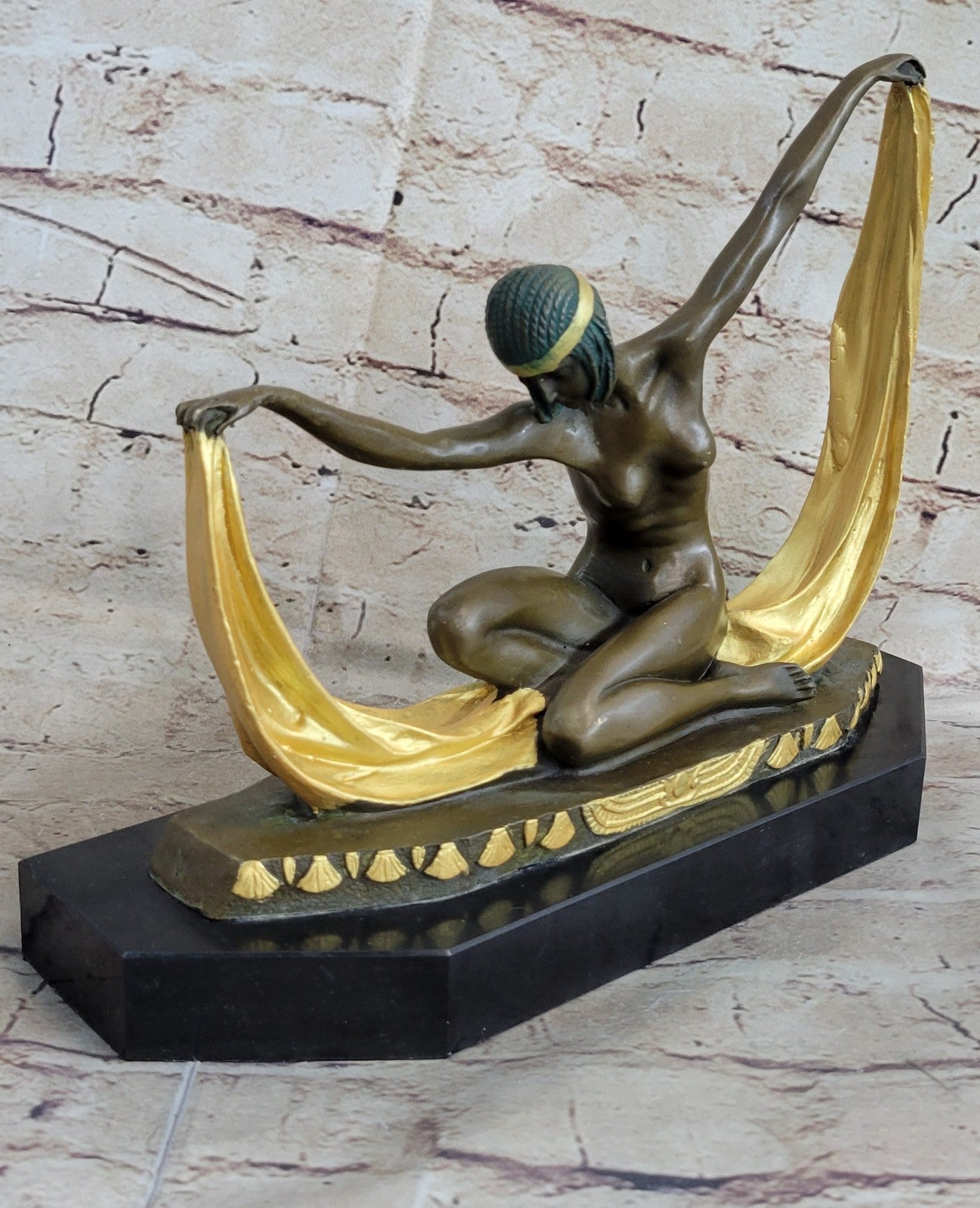 Nude Scarf Dancer Signed Bronze Marble Ballet Russe Folies Bergere Art Deco