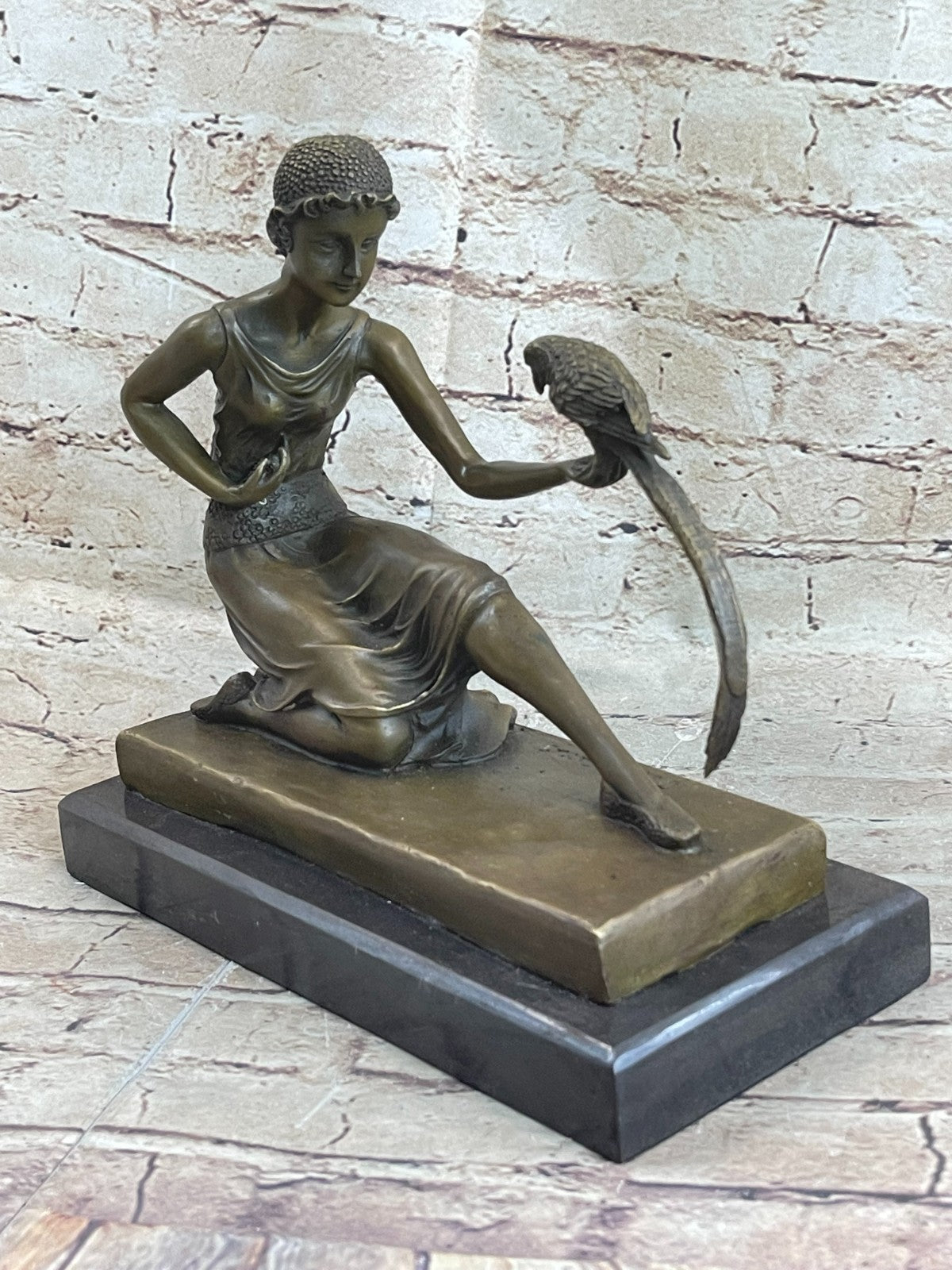 Handcrafted bronze sculpture SALE /Marble Parrot The And Lady Deco Art Chiparus