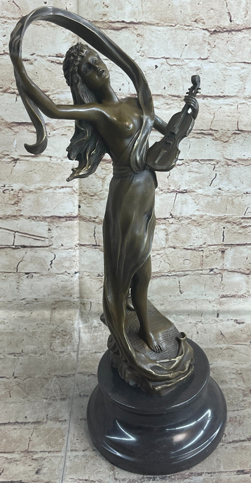 Young Girl Lady Playing Violin Music Bronze Statue Sculpture Art Noveau Figurine