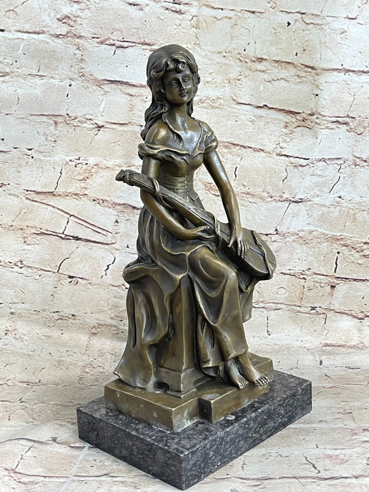 Vintage Art Nouveau Female Banjo Player Musician Music Lover Bronze Artwork