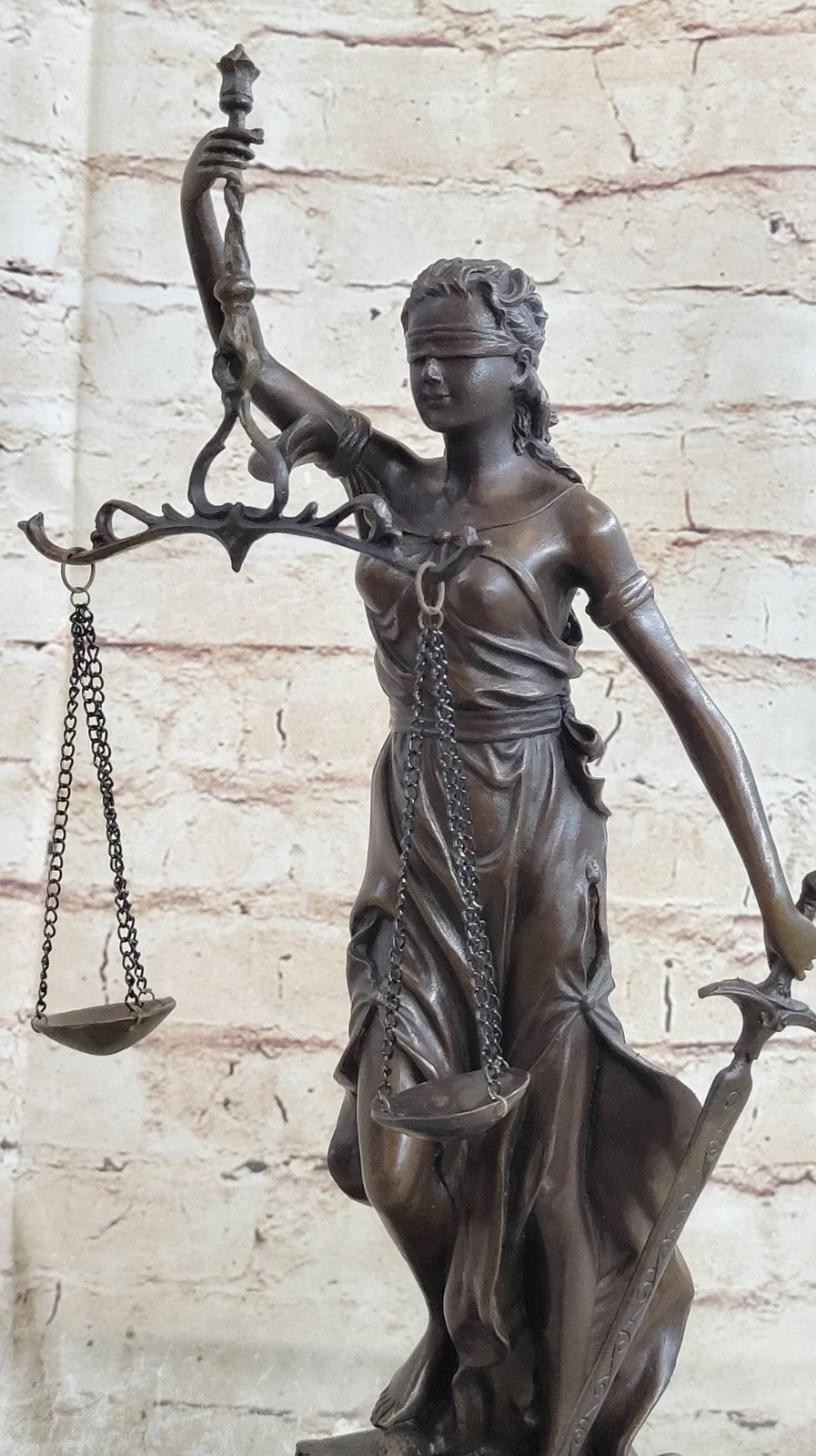 Real Bronze Statue with Marble Lady Blind Justice Scales Sculpture Artwork Sale