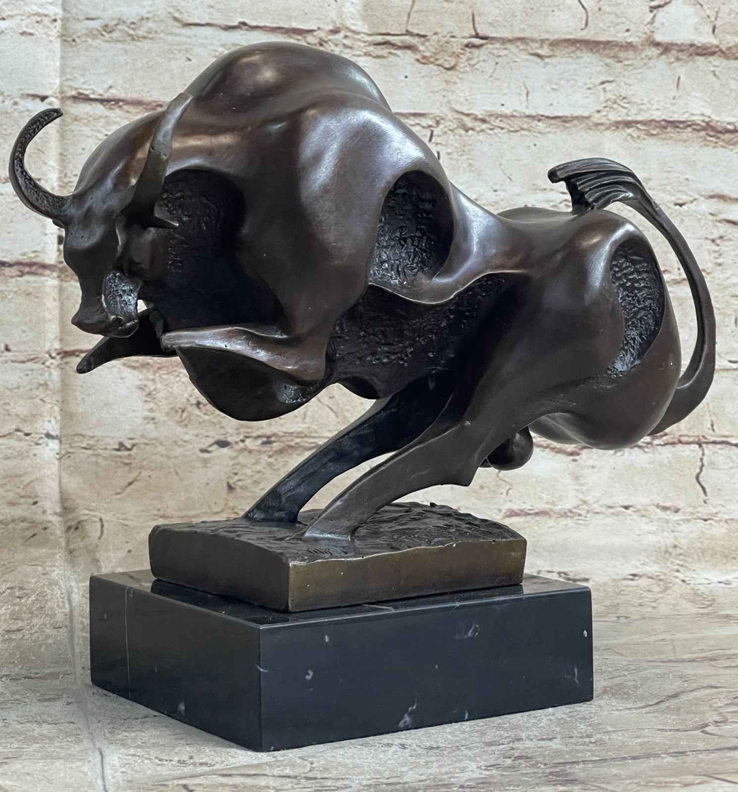 Solid Bronze Sculpture of a Bull Marble Base Abstract Art Deco Figurine Figure