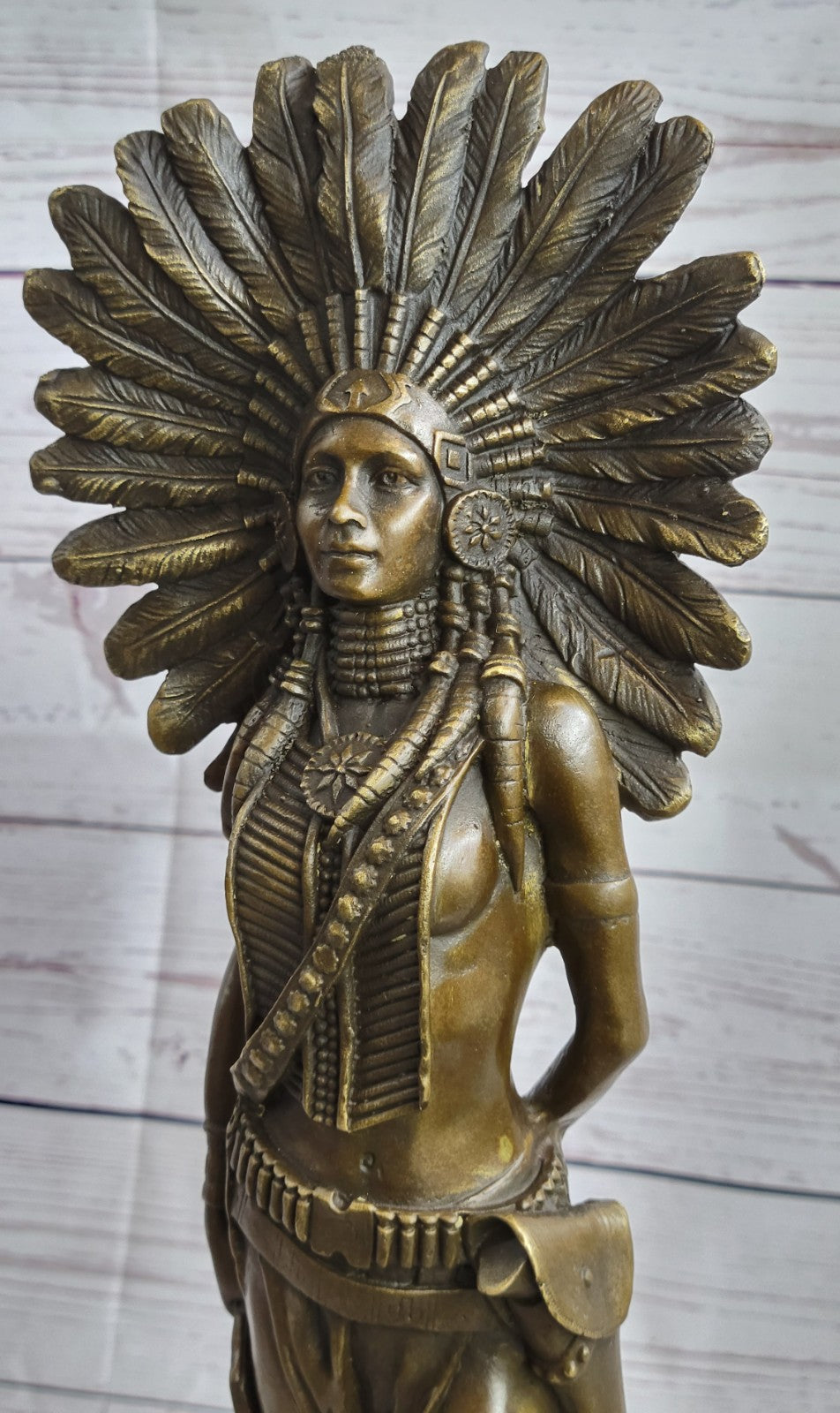 Genuine Solid Bronze Girl Woman Indian Warrior Home Office Decoration Statue