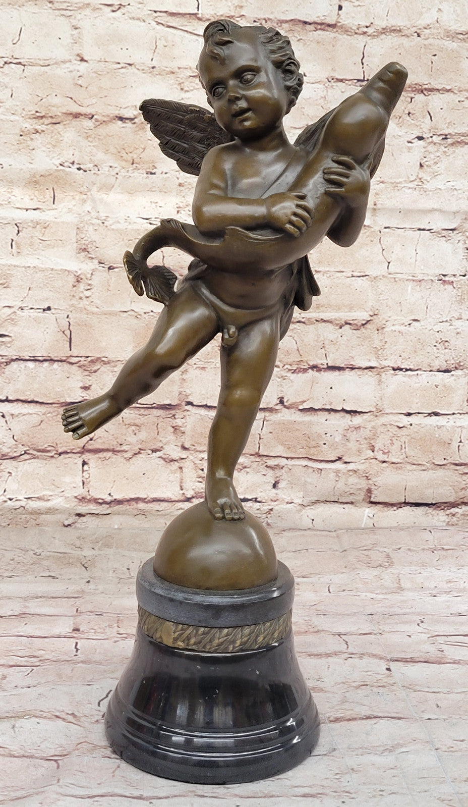 Collectible Bronze Sculpture: Artistic Semi-Nude Boy and Dolphin – Renaissance-Inspired Artwork