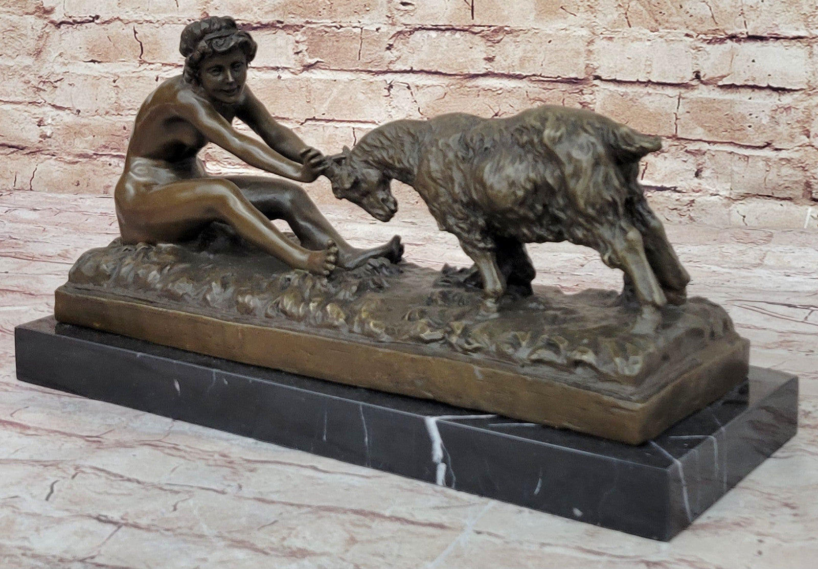 Gory`s Nude Girl with Goat: Genuine Bronze Art Nouveau Sculpture, Hot Cast Decor
