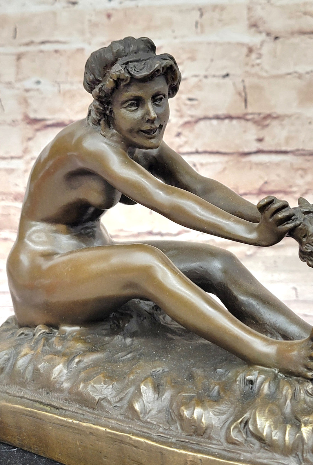 Gory`s Nude Girl with Goat: Genuine Bronze Art Nouveau Sculpture, Hot Cast Decor