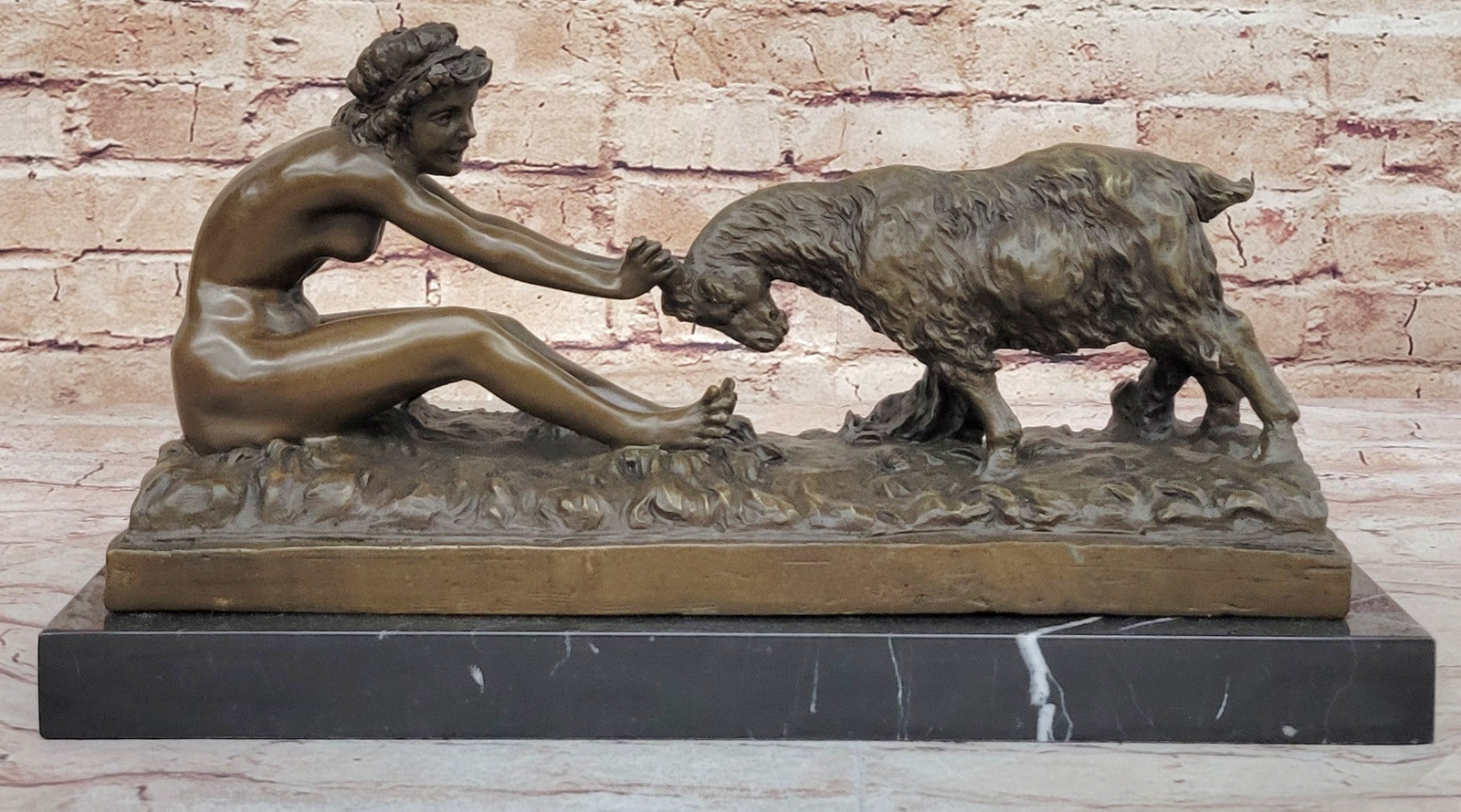 Gory`s Nude Girl with Goat: Genuine Bronze Art Nouveau Sculpture, Hot Cast Decor