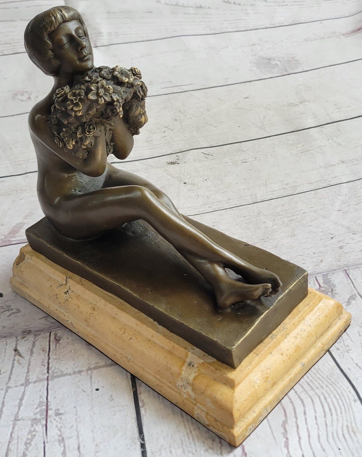 Sexy West Art Deco Sculpture Bronze Marble Nude Woman Belle Flower Girl Statue