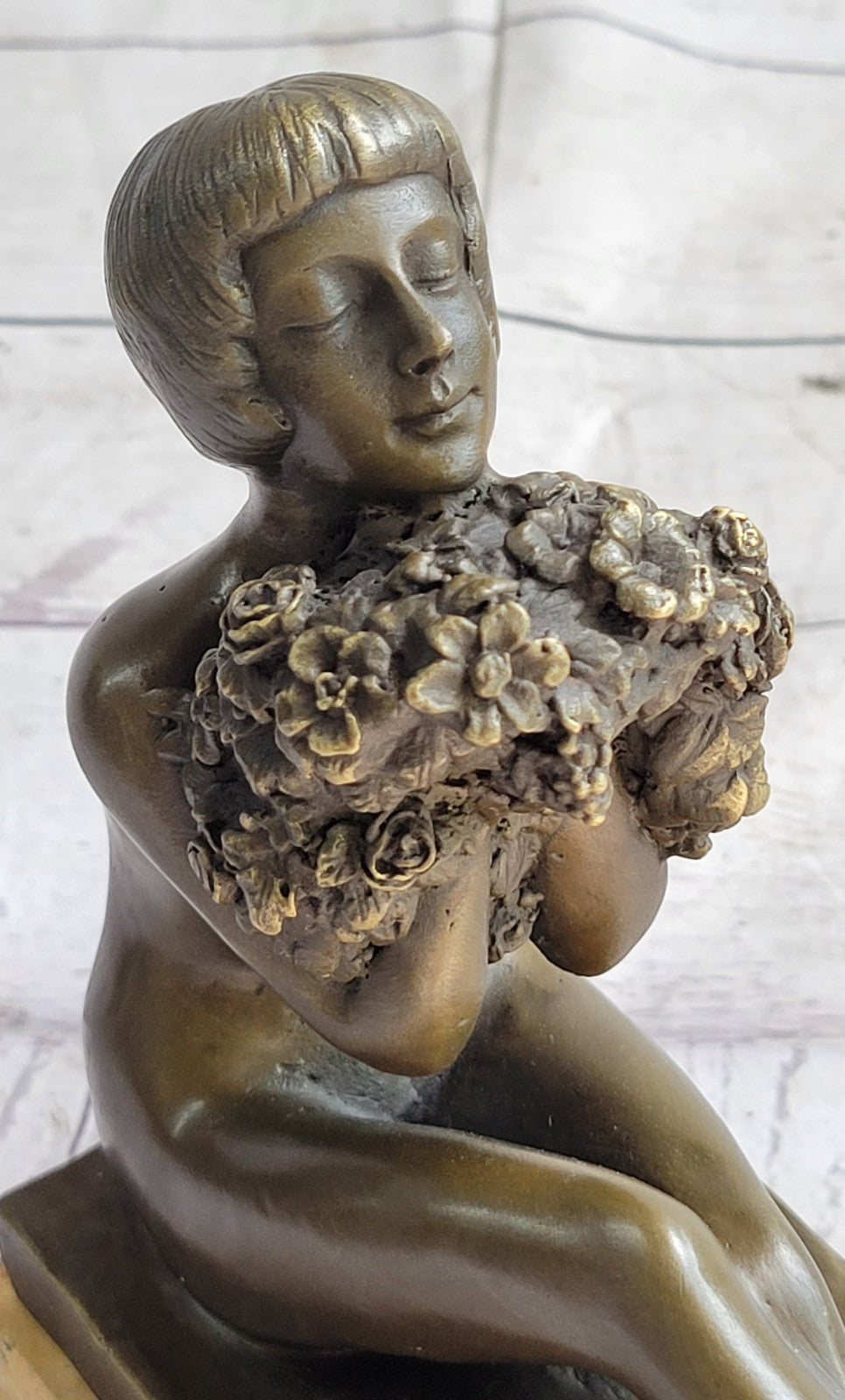 Sexy West Art Deco Sculpture Bronze Marble Nude Woman Belle Flower Girl Statue