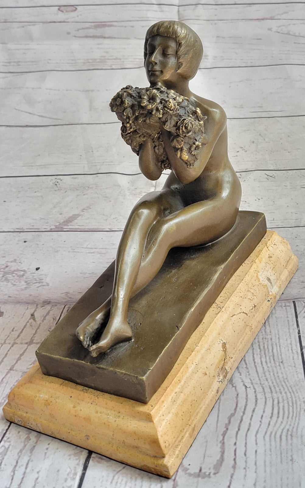 Sexy West Art Deco Sculpture Bronze Marble Nude Woman Belle Flower Girl Statue