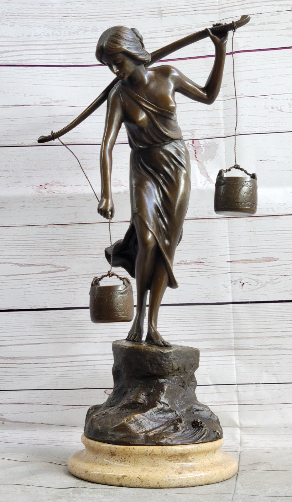 Mid Century French Bronze 16" Neoclassical sculpture of a maiden with Bucket NR