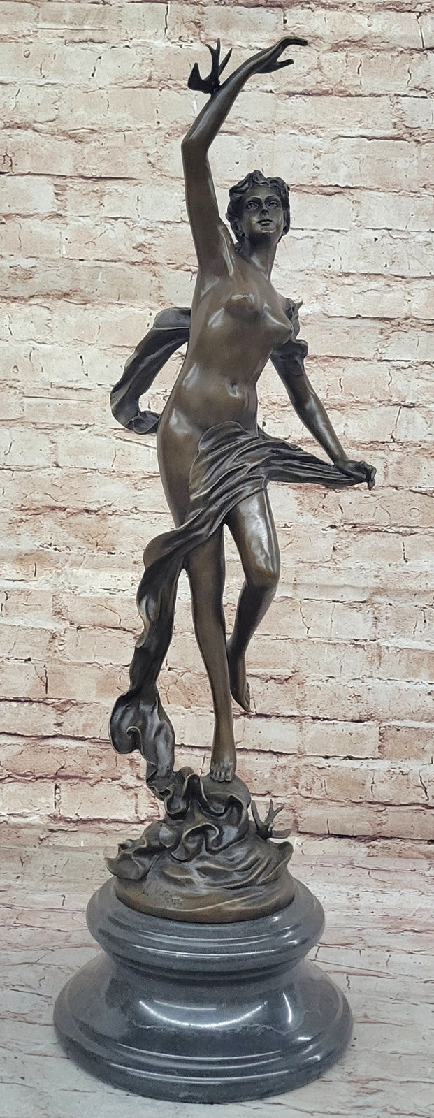 Handcrafted Excellence: A. Moreau Sculpture - Bronze Nude Lady with Bird, Art Deco