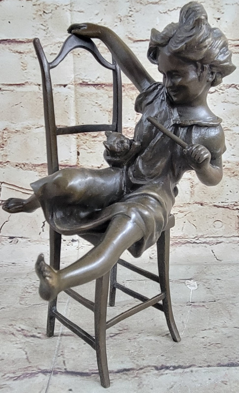 Bronze, Child with Cat Over the Chair, bronze Sculpture Signed Iffland Hot Cast