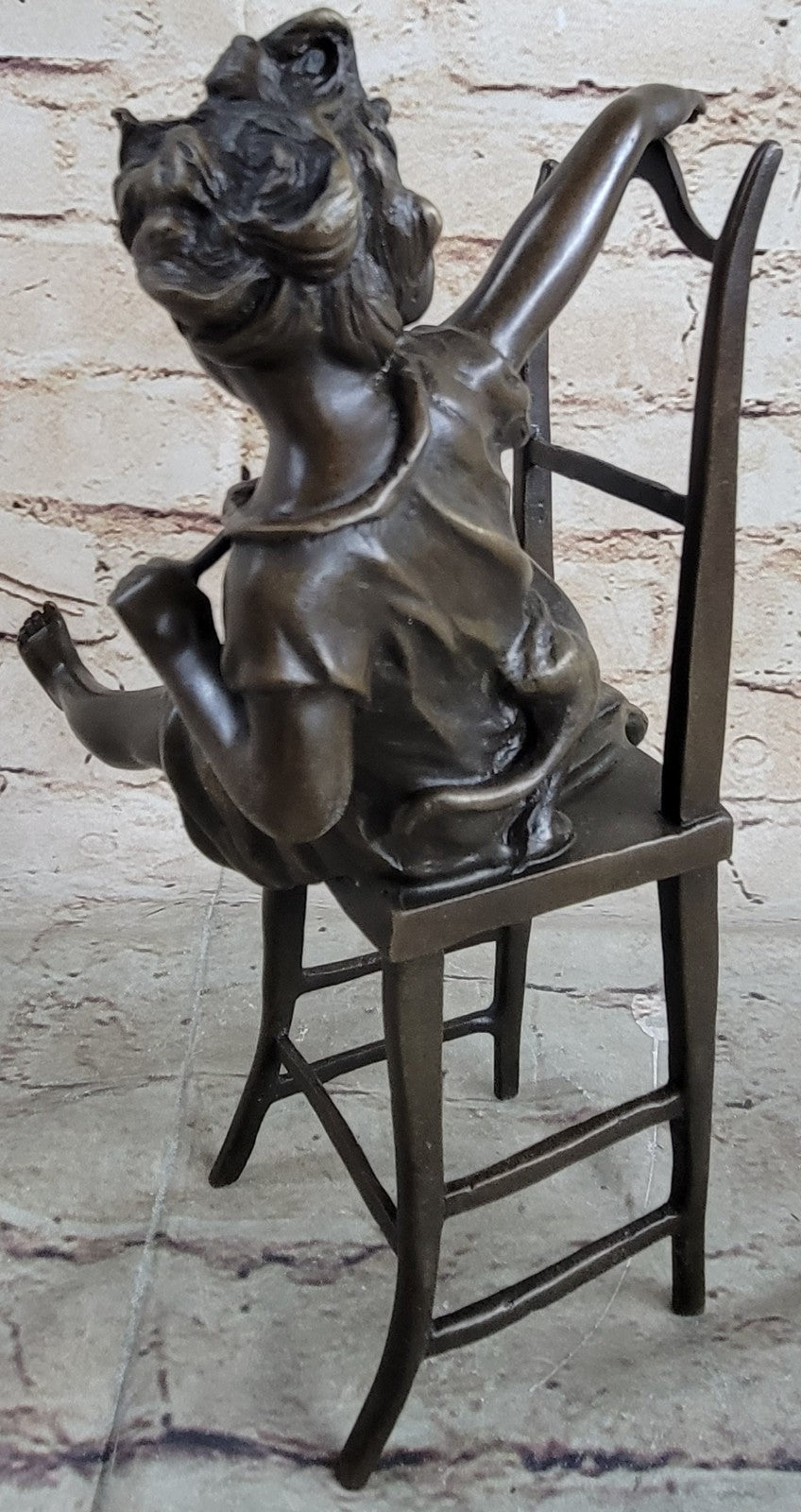 Bronze, Child with Cat Over the Chair, bronze Sculpture Signed Iffland Hot Cast