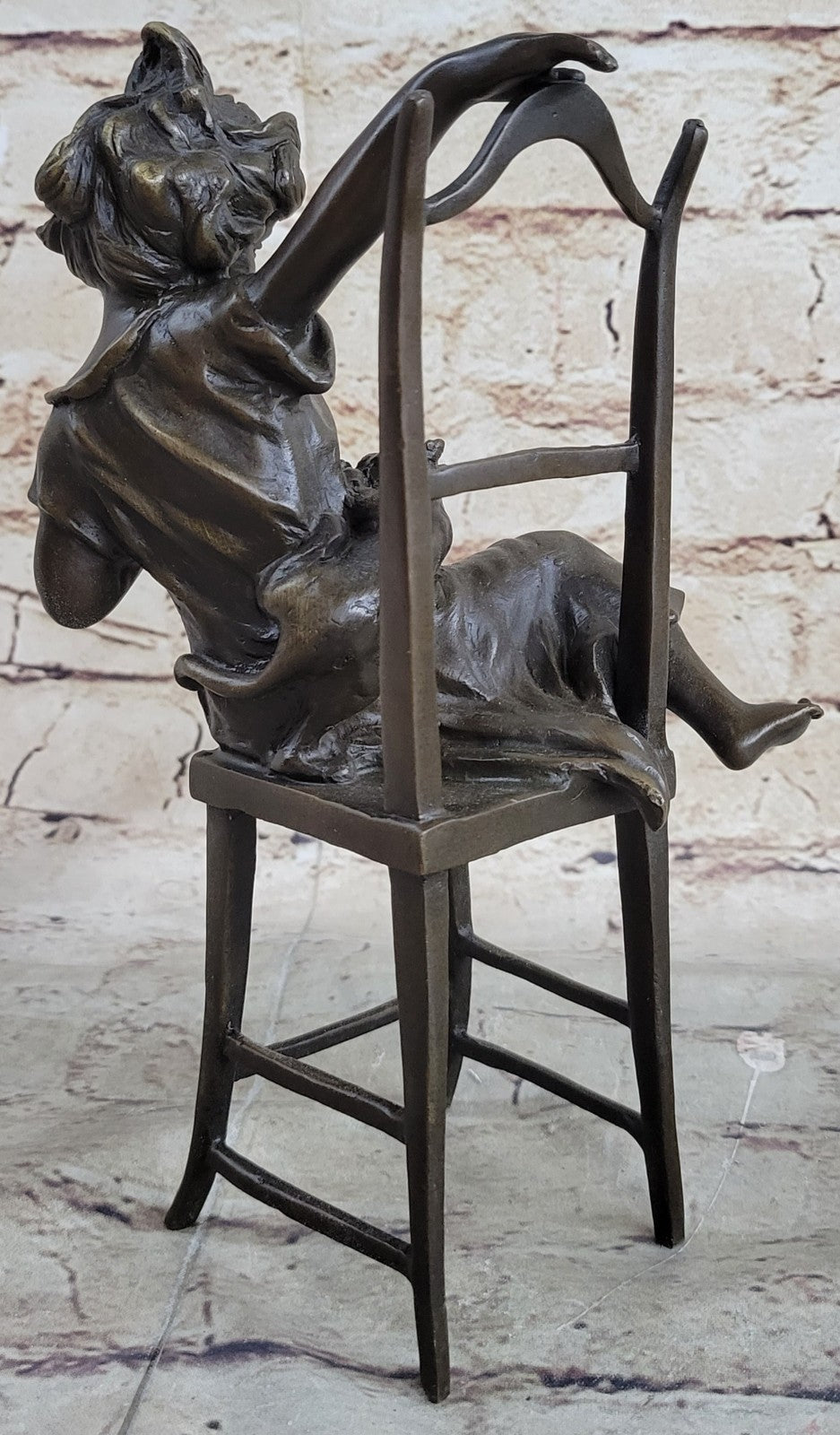 Bronze, Child with Cat Over the Chair, bronze Sculpture Signed Iffland Hot Cast