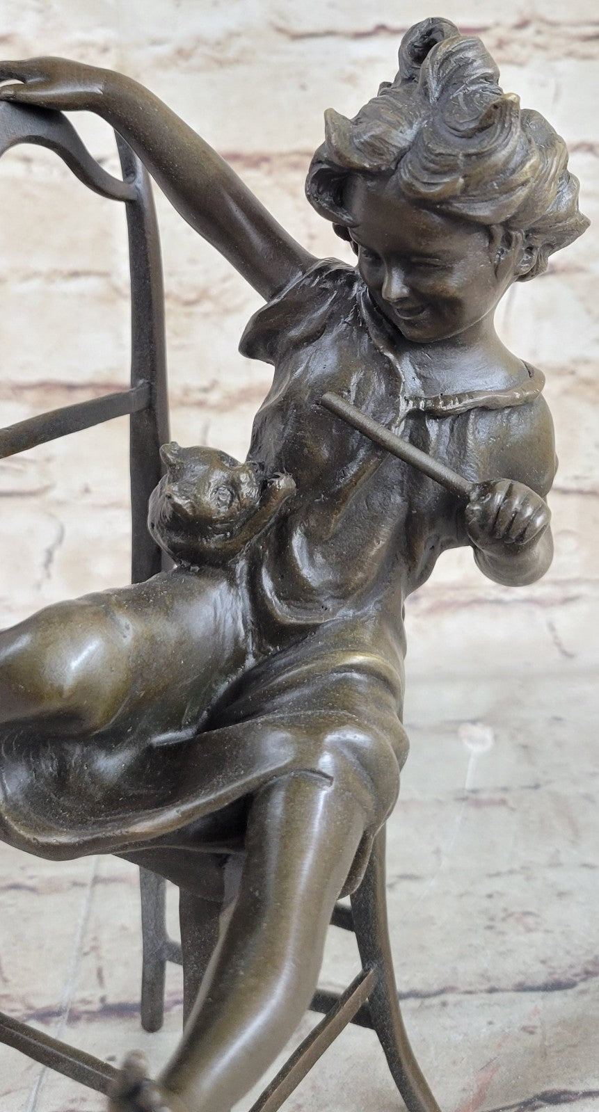Bronze, Child with Cat Over the Chair, bronze Sculpture Signed Iffland Hot Cast