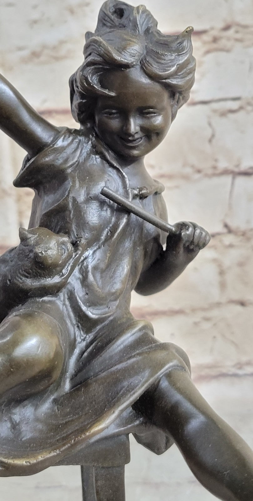 Bronze, Child with Cat Over the Chair, bronze Sculpture Signed Iffland Hot Cast