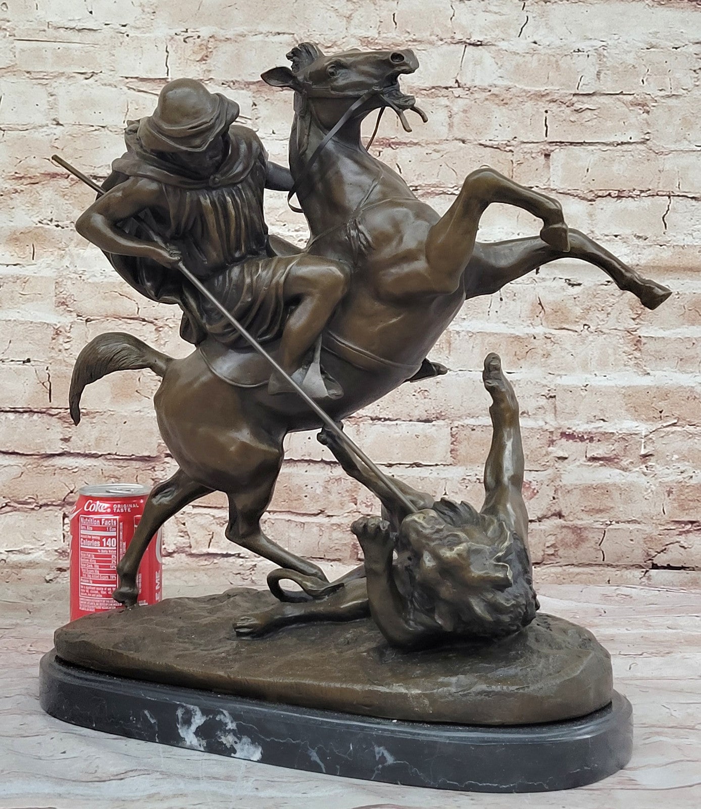 Classic Safari Scene: Barye`s Lion Hunt - Arabian Man on Horse Bronze Statue